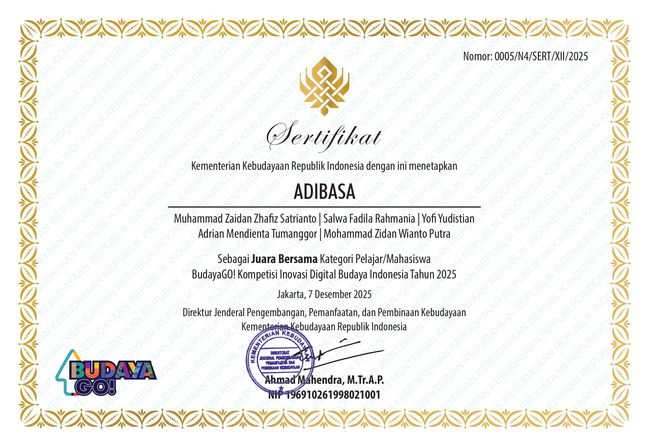 Top 10 Grand Finalist – BudayaGO 2025 (KEMENBUD)