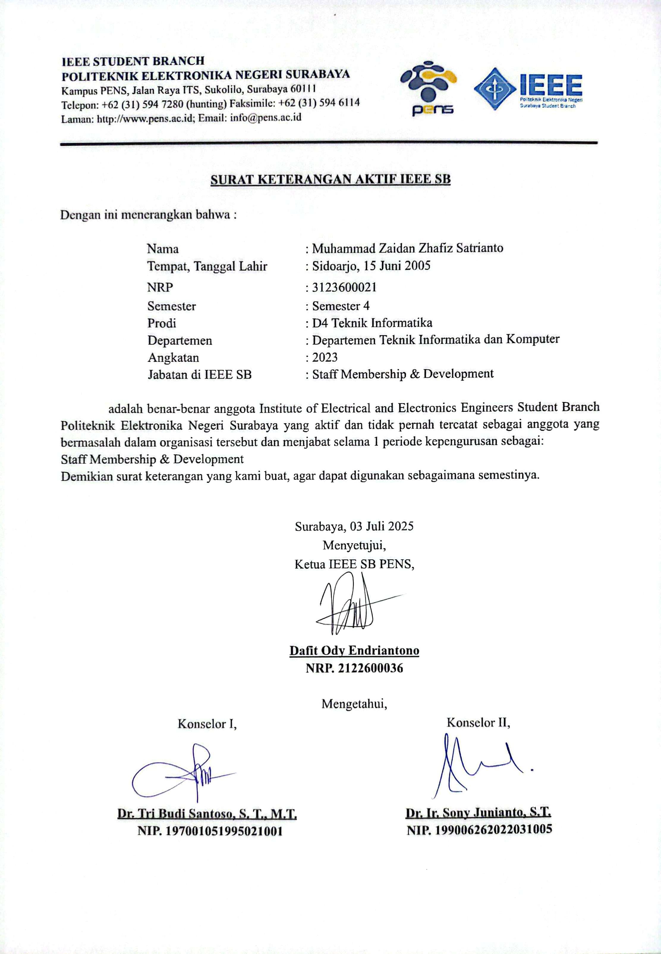 Surat Keterangan Aktif Organisasi IEEE SB PENS